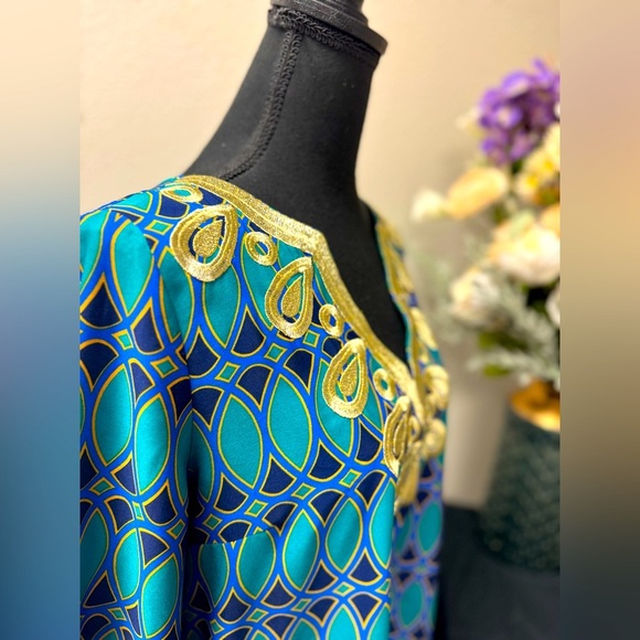 Mud Pie Blue Geometric Gold trimmed Tunic Top size Medium - Picture 2 of 8